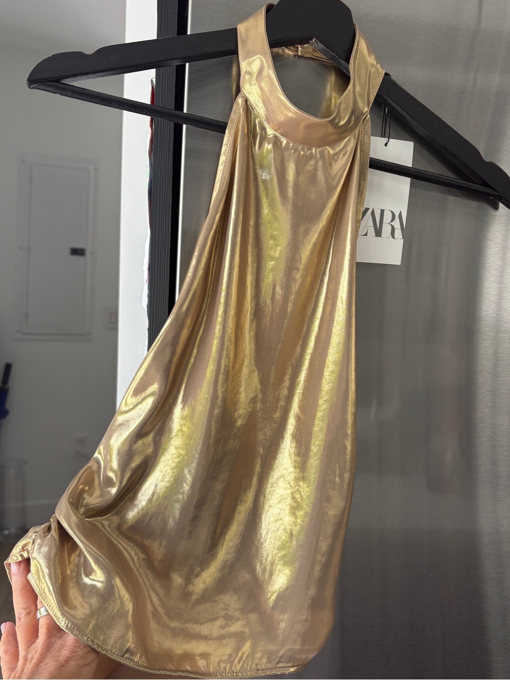 Zara Gold Metallic Halter top with ruched sides. Button neck closure.
